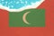 Sea wave on the sunny sandy beach with flag Maldives. View from top on surf