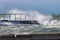 Sea Waves Breaking against Seashore Promenade in Windy Day: Stormy Weather