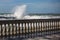 Sea Waves Breaking against Seashore Promenade in Windy Day: Stormy Weather