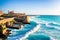 Sea waves crashing into roman ruins in Caesaria, Israel made with Generative AI