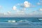 Sea waves and moon during sunset at Cancun, Yucatan, Mexico