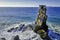 Sea waves and Nau dos Corvos rock near Peniche peninsula, Portugal at day