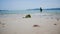 The sea waves are thrown to the shore on sand beach select focus on the rock shallow depth of field with ambient sound