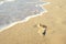 Sea waves wash away the footprints of a barefoot man on a sandy beach at the water\\\'s edge