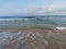 Sea, waves, washed, sand, sand, beach, in the distance, on the horizon, sails, ship, travel, rest, cruise, sky, blue, blue, clouds