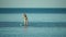 Sea woman sup. Silhouette of happy middle aged woman standing, surfing on SUP board, confident paddling through water