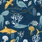 Sea world. Fish, algae, jellyfish and seabirds. Vector seamless pattern