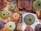 Sea worn wood pieces and colorful sea urchin shells top view closeup.