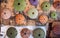 Sea worn wood pieces and colorful sea urchin shells top view closeup