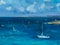 Sea yacht oil painting. Abstract blue seascape with cumulus clouds sailboats