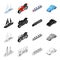 Sea yacht, railway transport electric locomotive, racing motorcycle, city car. Transport set collection icons in cartoon