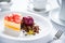 Sea â€‹â€‹buckthorn cake with fruit sorbet, strawberries