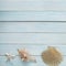 Sea â€‹â€‹shells, anchor, blue cord, white fishing net, starfish, pebbles on a white wooden background with place for text,