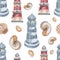 Sea â€‹â€‹travel lighthouse corals shells beach watercolor illustration