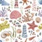 Sea â€‹â€‹travel lighthouse corals shells beach watercolor illustration hand drawn print textiles vintage retro. Patern seamless