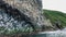 Seabirds nest on cliff rocks in the Pacific Ocean.