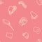 Seabless vector pattern with breakfast on pink background. Tea, coffee, lemon, butter, bread, croisson, becon, oat, egg