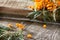 Seabuckthorn berries branch on vintage wooden background. Space for your text