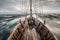 seach of viking ship in an open sea, waves splashing against the hull