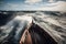 seach of viking ship in an open sea, waves splashing against the hull