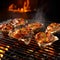 Seafood BBQ concept, selective focus, closeup of grilled shrimp, mussels and oysters on the charcoal stove, generative AI content