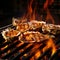 Seafood BBQ concept, selective focus, closeup of grilled shrimp, mussels and oysters on the charcoal stove, generative AI content