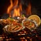 Seafood BBQ concept, selective focus, closeup of grilled shrimp, mussels and oysters on the charcoal stove, generative AI content