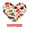 Seafood cuisine heart symbol with sushi icons