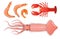 Seafood in fashionable layers of paper, the volume of the style. Vector icons shrimp, squid, octopus, lobster