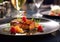 Seafood fine dining dish with berries and sauce in luxury restaurant.Macro.AI Generative