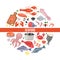 Seafood and fish flat cartoon banner vector illustration. Fish salmon steak with lemon, shrimp, squid, octopus, lobster