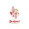 Seafood food restaurant gourmet catering logo with fish, mushroom, shrimp, fork and knife icon symbol illustration