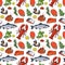 Seafood with herbs seamless pattern, sketch style vector illustration