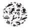 Seafood icons set in round shape, black silhouette. Sea food collection isolated on white background. Fish products