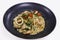 Seafood linguine pasta with shrimps, mussels and squid. Italian food specialty