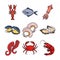 Seafood lobster squid fish crab octopus oysters menu gourmet fresh icon isolated image