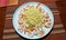 For seafood lovers steamed fresh shrimp and cooked Italian spaghetti on a dinner plate