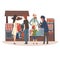Seafood Market with Freshness Fish Products on Counter, Street Shop with Male Seller and Customers Vector Illustration