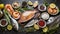 Seafood masterpiece: a palette of fresh delicacies on a black stone