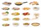 Seafood Meal and Dish Served on Plate with Garnish Big Vector Set