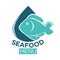 Seafood menu emblem with fish and drop illustration