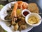 Seafood, Mixed seafood, Shrimp, shell, oyster, bread, Mustard