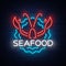 Seafood neon logo icon vector illustration. Lobster emblem, neon advertisement, night sign for the restaurant, cafe, bar