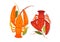 Seafood. Orange and red crawfishes, lobsters, crayfishes are with bay laurel leaves.