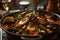 seafood paella, brimming with succulent shrimp, mussels, and vibrant peas