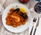 Seafood paella with lemon