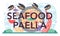 Seafood paella typographic header. Spanish traditional rice dish on plate