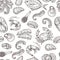 Seafood pattern. Hand drawn ink sea life. Sketch japanese food, engraving vintage ocean ingredients. Salmon fish squid