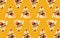 Seafood pizza slices on yellow background. Pattern design