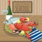 Seafood on plate served with glass of wine vector illustration, cartoon style design element for poster or banner